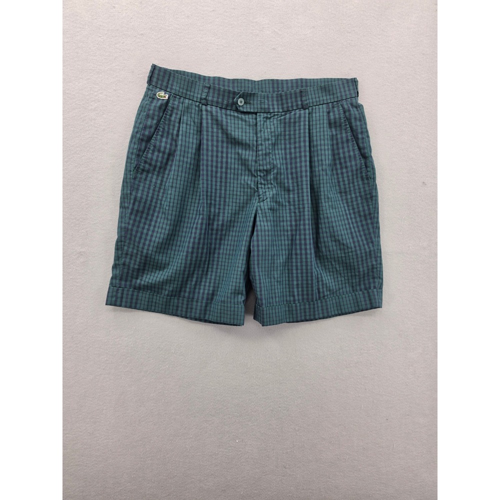 Vintage Chemise Lacoste Mens Gingham Pleated Shorts Green Navy Blue French 34